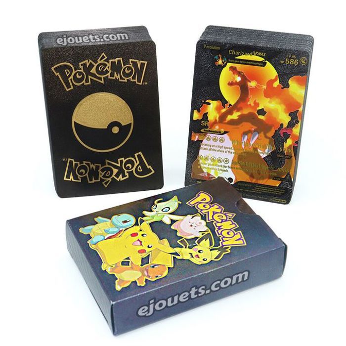 Lot de 55 cartes Pokemon en plastique noir : Pikachu, Charizard Vmax GX