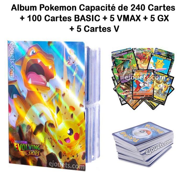 Album de Pokemon : capacité de 240 cartes + 100 cartes BASIC + 5 VMAX + 5 GX + 5V