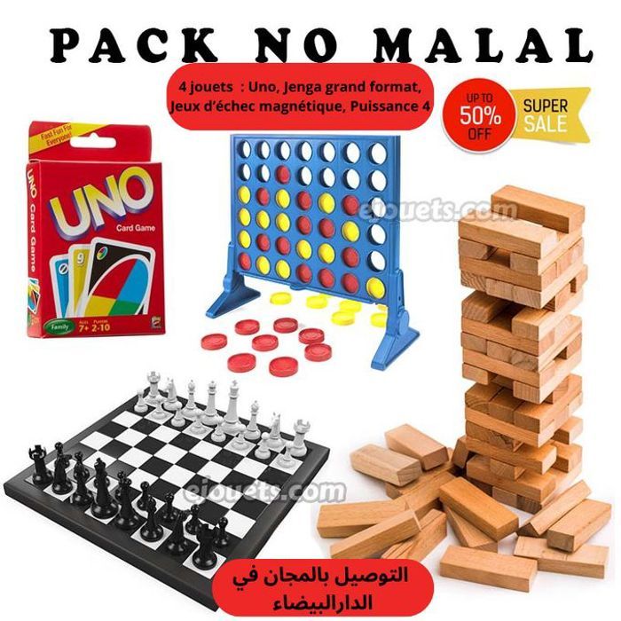 Pack de 4 jeux de société : Uno, Jenga, Puissance 4 et Echec