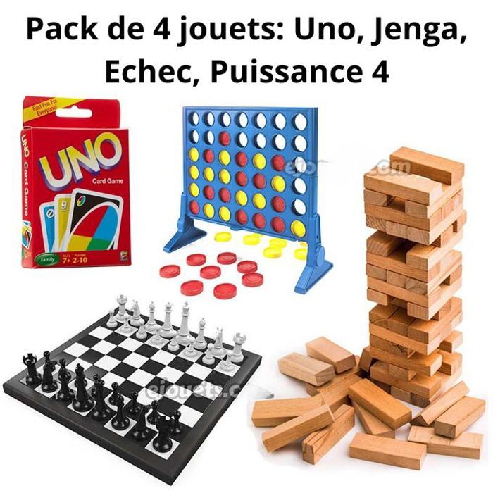 Ensemble de jouets 4 en 1 - jenga, uno, puissance 4, echec