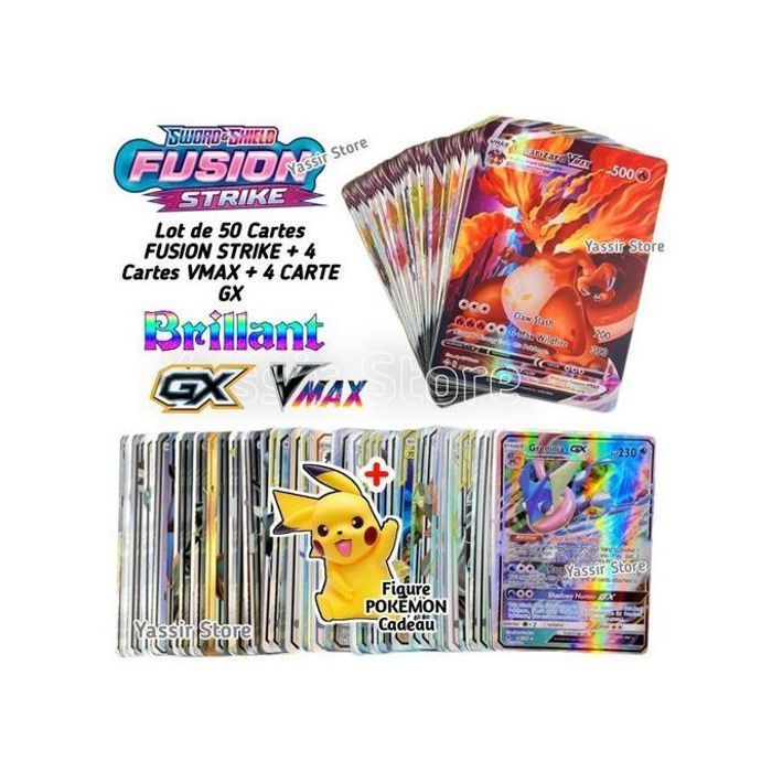 Lot de 50 cartes fusion strike + 4 vmax + 4 gx brillantes - figurine  cadeau