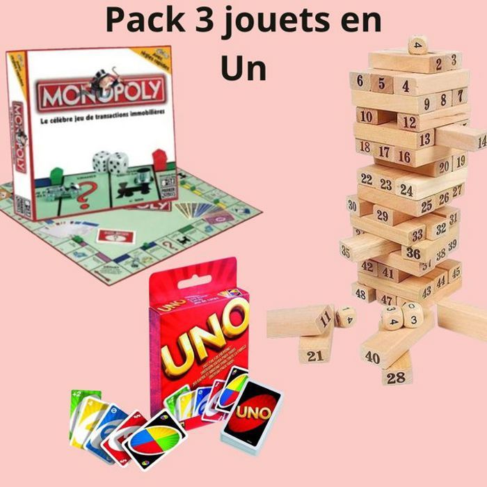 Pack de jeux: monopoly classique + tour jenga + jeu de cartes uno