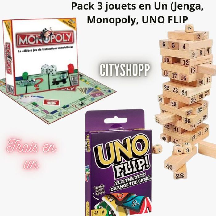 Pack de jeux: monopoly classique + tour jenga + uno flip