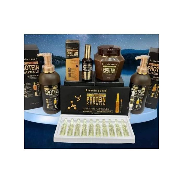 Coffret Keratine Queen : shampooing, après-shampooing, masque, huile et ampoules pour des cheveux forts et brillants.