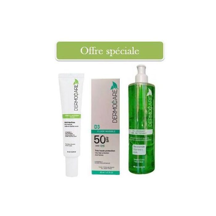 Kit DermoCare : Gel nettoyant éclaircissant, écran solaire anti-taches et crème de nuit éclaircissante