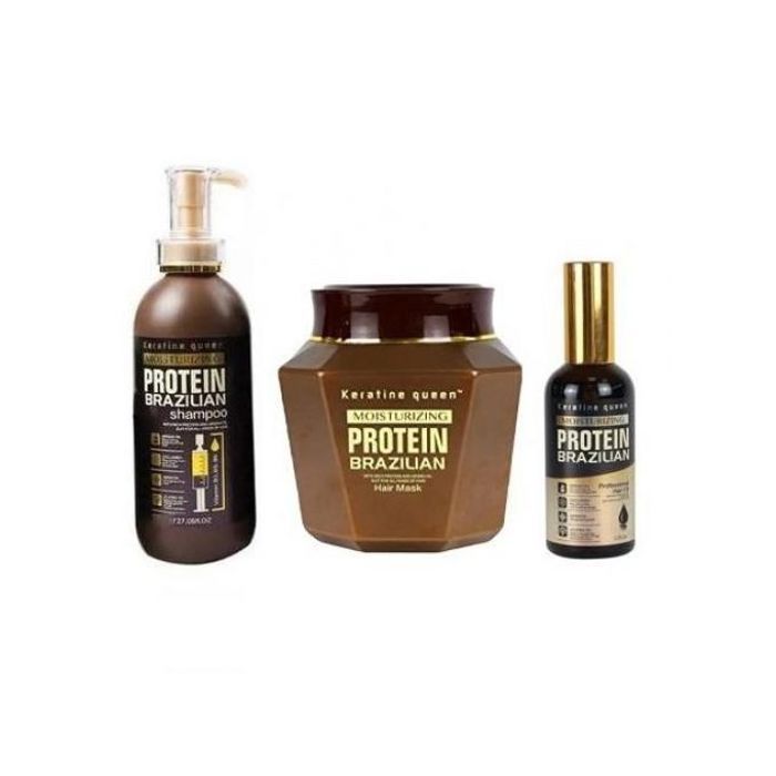 Coffret Keratine Queen soin cheveux Protein Brazilian, shampoing 800ml + masque 1000ml, sans sulfate