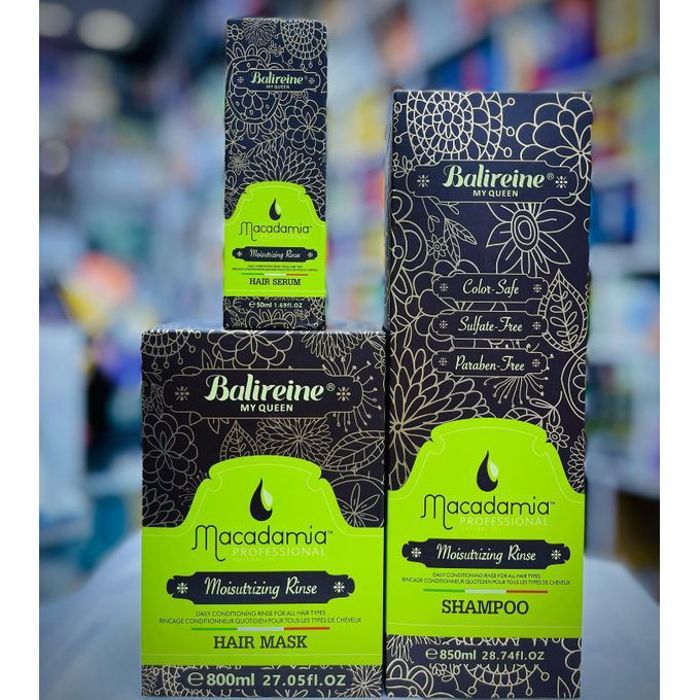 Pack Macadamia Balireine : shampooing, masque et sérum à la macadamia et au collagène pour des cheveux colorés et en bonne santé.