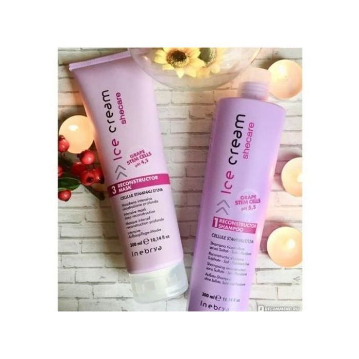 Shampoing et masque Inebrya Ice Cream : soin reconstructeur sans sulfate pour cheveux secs ou abîmés.