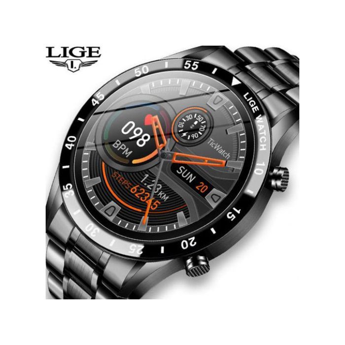Smartwatch Lige - Écran Tactile - Bluetooth - Acier Inoxydable - Noire - Étanche