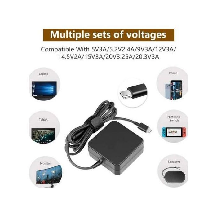 Chargeur Type C 65W pour PC Portable Lenovo, Acer, ASUS, Dell, HP, LG gram, Microsoft, MSI - Adaptateur Secteur USB-C