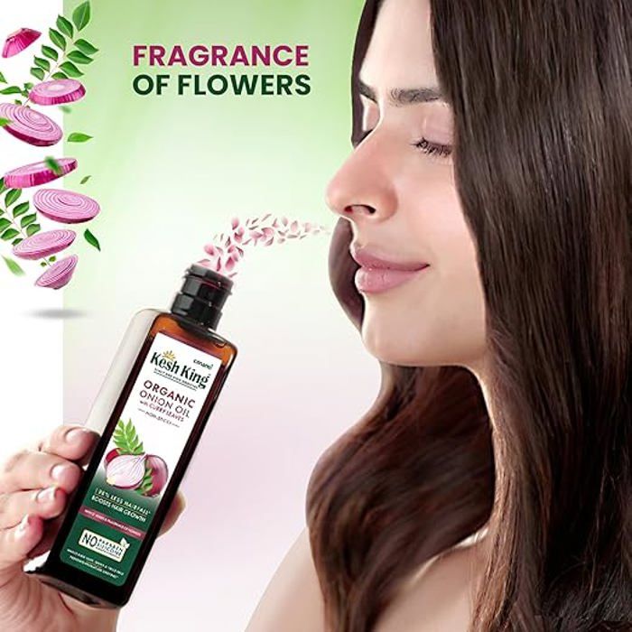 L'huile d'oignon biologique Kesh King avec des feuilles de curry réduit la chute des cheveux jusqu'à 98 % et stimule la croissance d