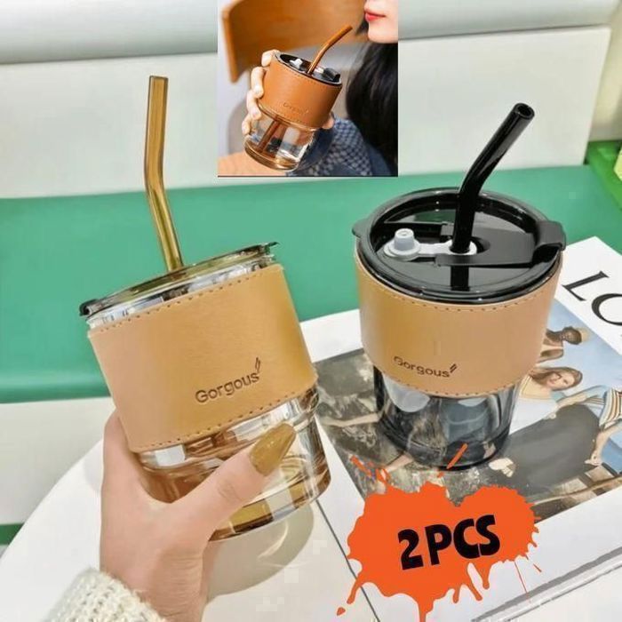 Tasses à Café - Verre Antichoc - Pack de 2 - Couvercle Hermétique - Durable - Design Élégant, Couleur aliatoire