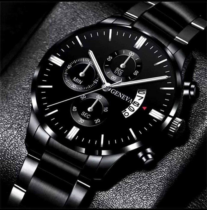 Montre à Quartz pour Homme - Montre de Luxe avec Bracelet en Acier Inoxydable Noir, Horloge et Calendrier