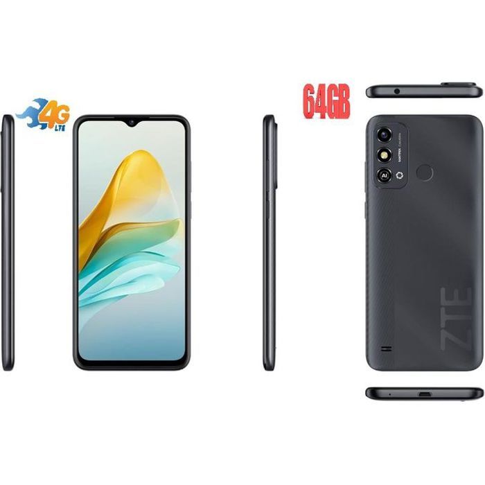 ZTE Blade A53+ Smartphone 4G 6,52" HD+ 2 Go RAM 64 GB 13 MP,4000 mAh rapide 10 W empreinte-Space grey