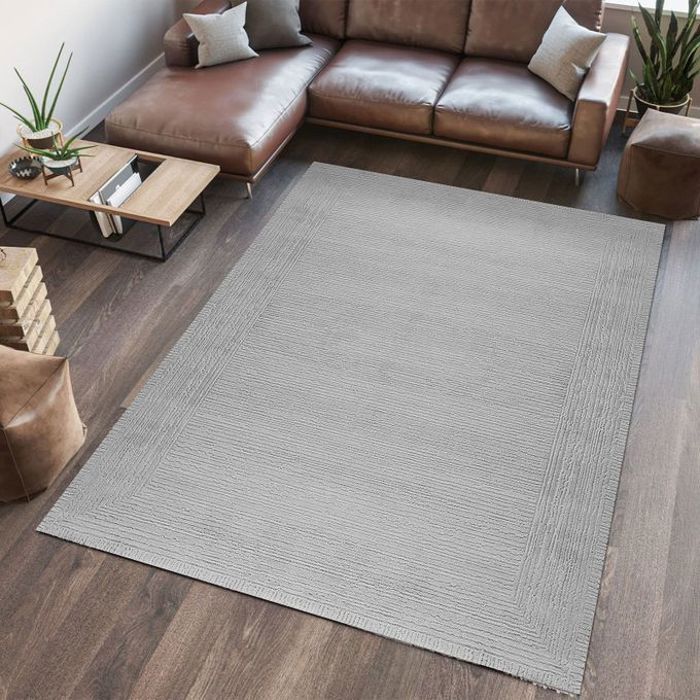 Tapis Motif Cadre Gris - 290x200cm - Collection Madrid - Anti-Inflammable