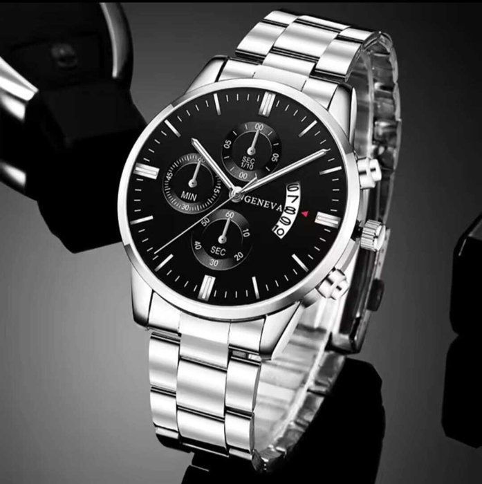 Montre à Quartz - Luxe - Bracelet Acier Inoxydable - Cadran Élégant - Fonction Calendrier - Noir