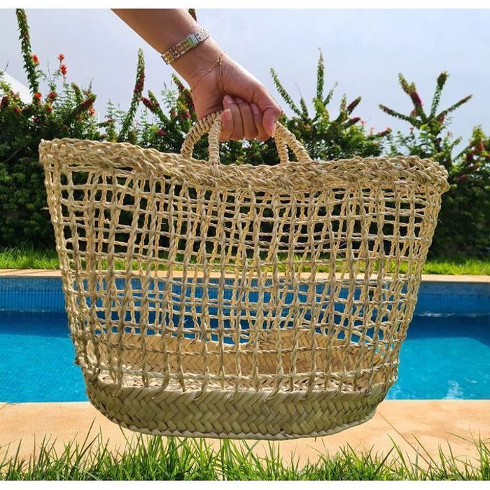 Panier Marocain en Feuilles de Palmier - Sac de Marché, Sac de Plage, Panier de Rangement
