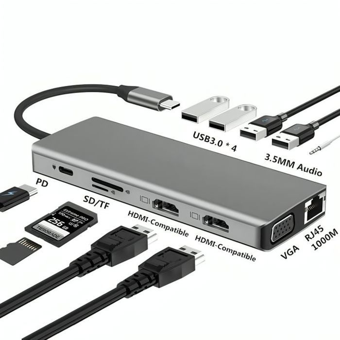 Adaptateur HUB 12 in 1 vers Dual HDMI et VGA, Ethernet RJ45, PD 100W, Port Audio, Carte SD/TF, 4 Ports USB
