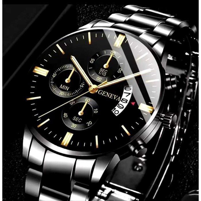 Montre à Quartz - Luxe - Bracelet Acier Inoxydable - Cadran Élégant - Calendrier Intégré - Noir