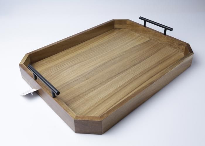 Plateau en bois - GENERIC - 49x37,5x7 cm - Poignées en métal - Hexagonal - Marron