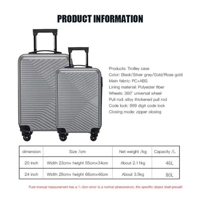 Valise de Voyage - Gris - 20 kg / 10 kg - ABS + PC - 360 Roues Universelles