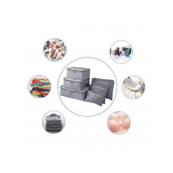 Ensemble de 6 Sacs de Rangement de Voyage - Gris - Tissu Oxford
