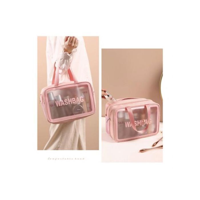 Sac Cosmétique Imperméable Transparent Double Couche - Rose