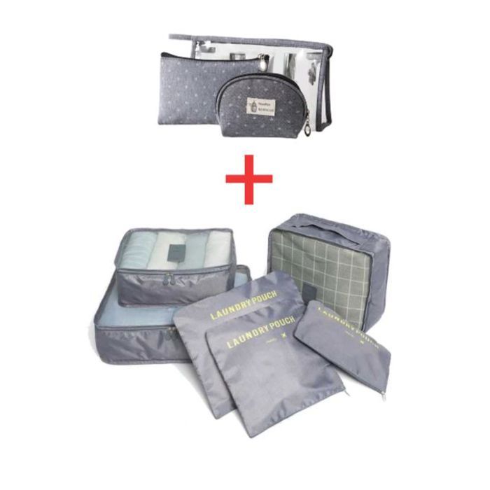 Ensemble 9 pièces Organisateurs de Bagages et Trousse de Maquillage - Multicolore - Polyester - 2023