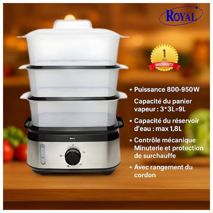 Cuiseur Vapeur - ROYAL - FS 1400 - 9 Litres - 800-950W - 3 Paniers Amovibles