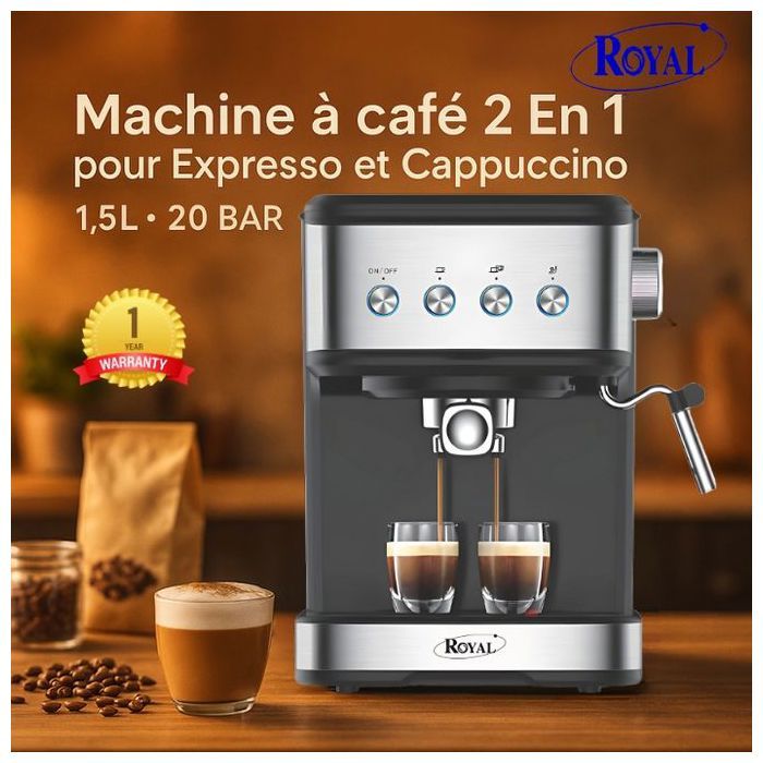 Machine à café 2 En 1 - ROYAL - CM8501FE-GS - 1.5L - 20 BAR - Mousseur à lait