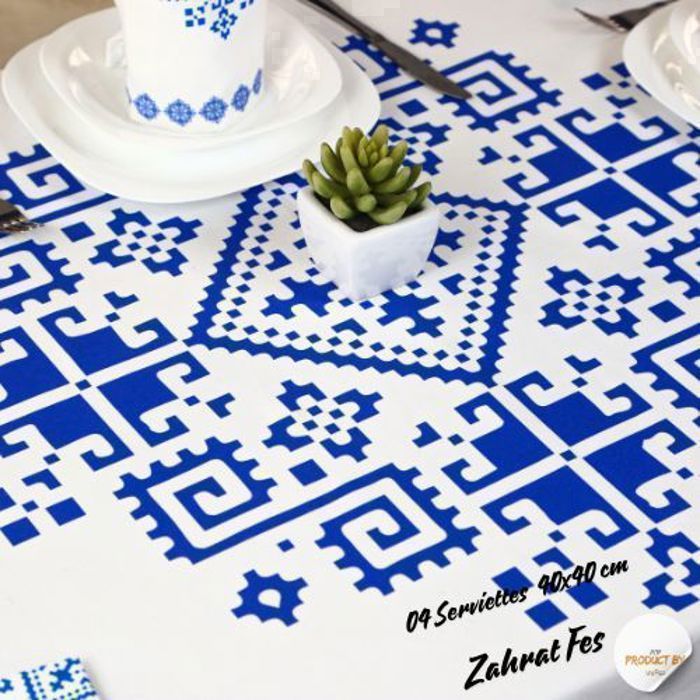 Nappe de Table "Zahrat Fès" 140x200 cm - Bleu