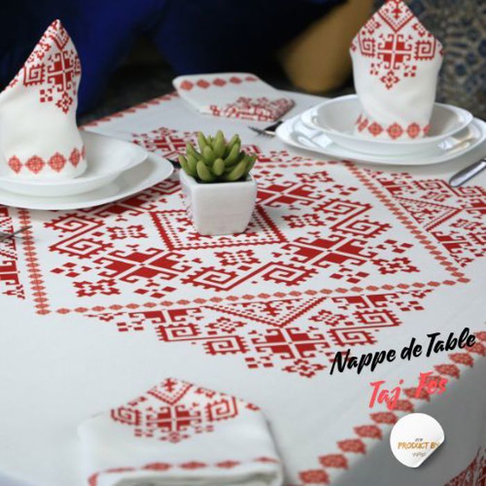 Nappe de Table - DWIRTY - Taj Fès - 140x200 cm - Rouge - 4 Serviettes 40x40 cm