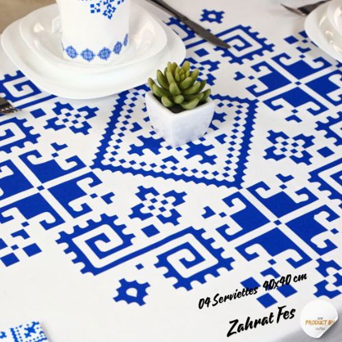 Nappe de Table - DWIRTY - Zahrat Fès - 140x200 cm - 4 Serviettes 40x40 cm - Bleu