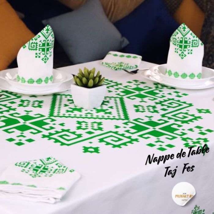 Nappe de Table - DWIRTY - Zahrat Fès - 140x200 cm - Vert - Motifs marocains authentiques