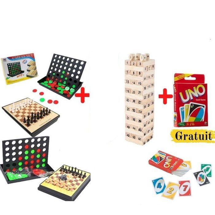 Pack Jeux de Société 4 en 1 - Jenga, UNO, Échecs et Backgammon