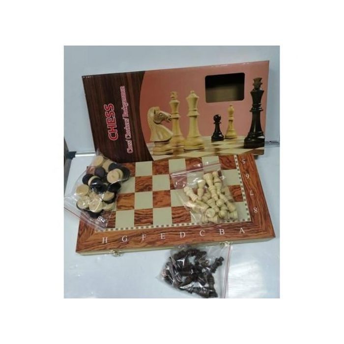 Jeu d'Echecs Pliable en Bois - 3-en-1 - Echecs, Dames, Backgammon