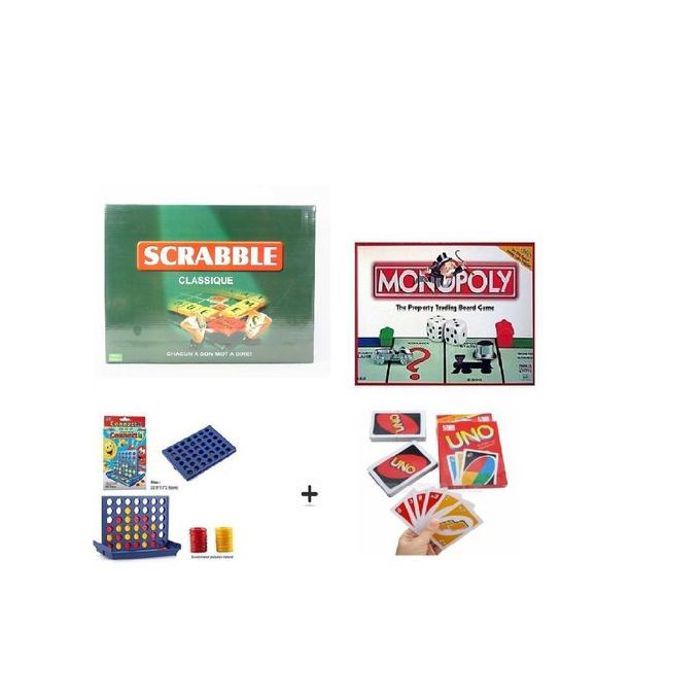 Pack 4 Jeux de Société - Monopoly, Scrabble, Bingo et UNO