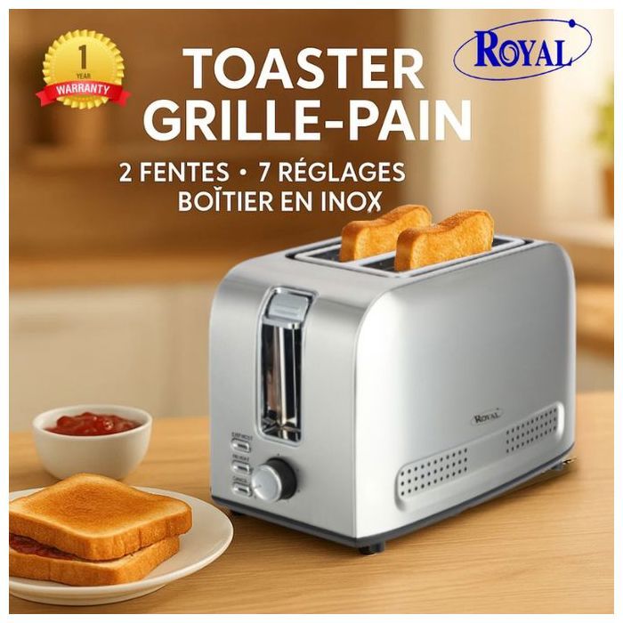 Grille-pain - ROYAL - TA 01201-GS - 2 FENTES - 750W - Acier inoxydable - 7 Réglages