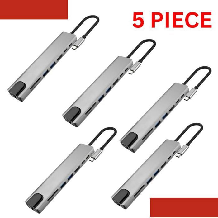 Hub USB-C Multi-Port 8 en 1 - HDMI 4K, USB 3.0, SD, TF, RJ45