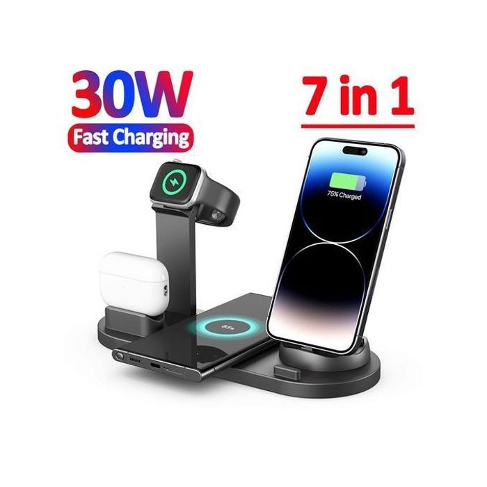 Chargeur Sans Fil 30W 7 en 1 - Station de Charge Rapide, Noir