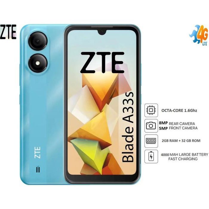 ZTE Smartphone gsm Blade A33S 6.3" 4G 2Go 32GB Android 8Mp Octa-Core-ice blue