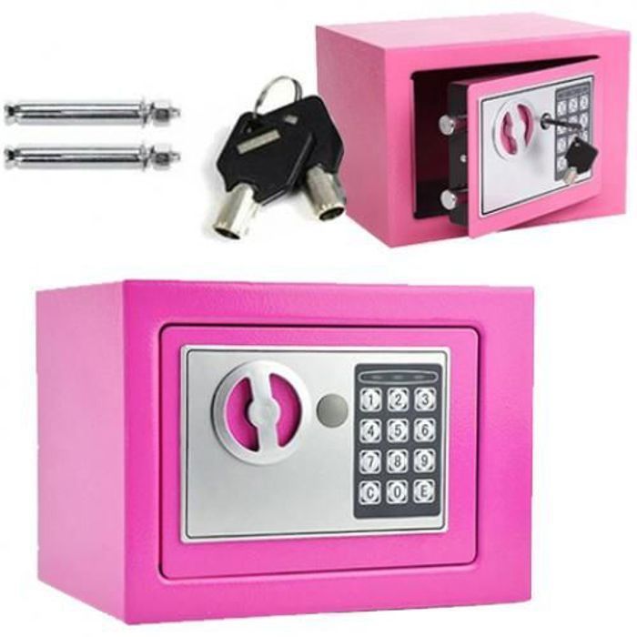 Coffre Fort à Serrure Électronique Avec Code PIN et 2 Clés, Fixations Murales et au sol 17×23×17cm - Rose