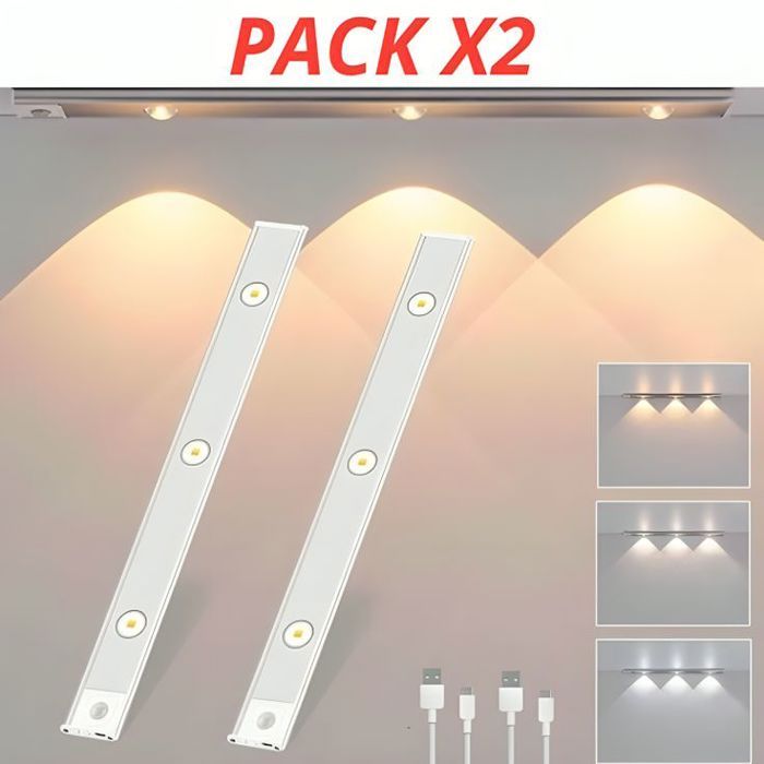 Deux Lampe avec 3 Led 40cm Rechargeable de Placard et Cuisine avec Détecteur de Mouvement avec 3 Modes Éclairage