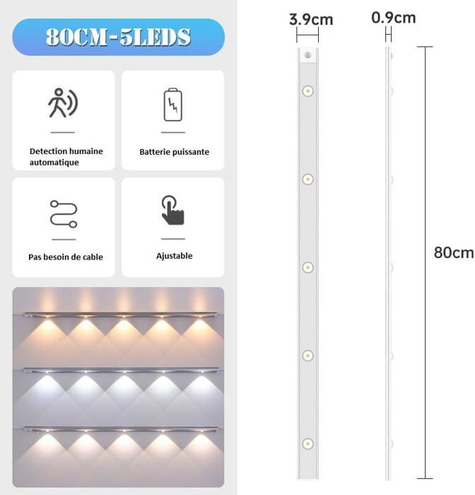 Deux Lampe avec 5 Led 60cm Rechargeable de Placard et Cuisine avec Détecteur de Mouvement avec 3 Modes Éclairage