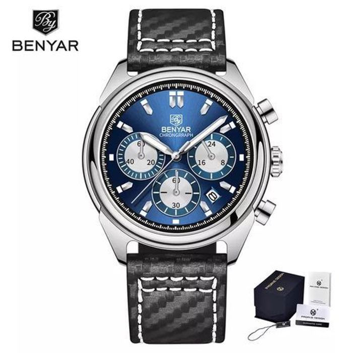 Montre - Benyar - Chronographe Sportif - Cuir Noir - Étanche 3 ATM - Analogique