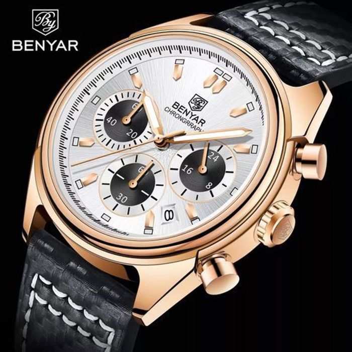 Benyar - Montre de pilote décontractée en cuir, chronographe sportif de luxe   quartz - 200
