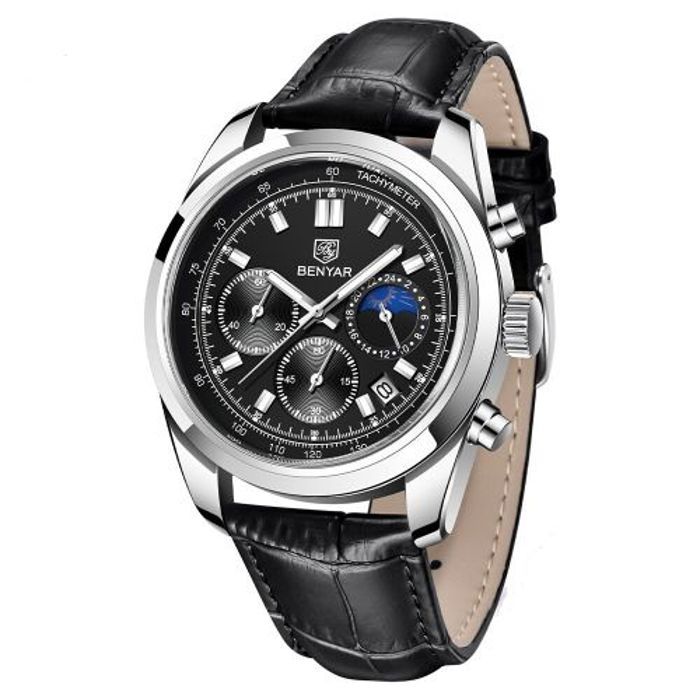 Montre - Benyar - 204 - Cuir noir - Quartz - Chronographe étanche