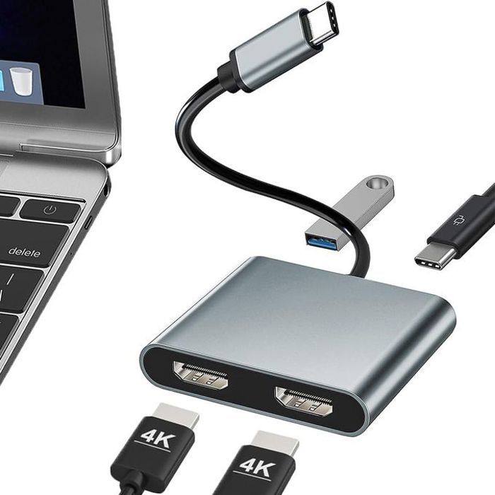 Adaptateur Type C to HDMI (4en1) multi-écran Type C to double HDMI 4k + USB 3.0