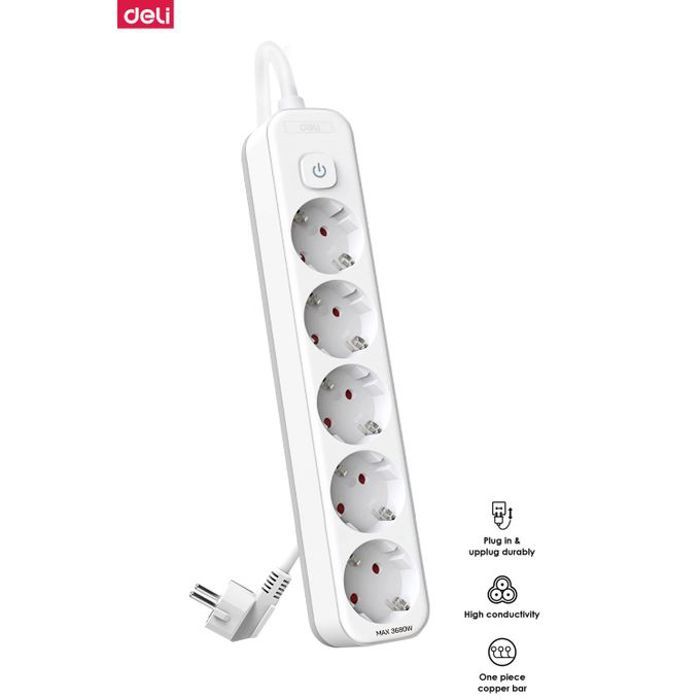 Deli Rallonge Multiprise 5 prises avec interrupteur câble 1.8M sécurité enfant 16A,3680W