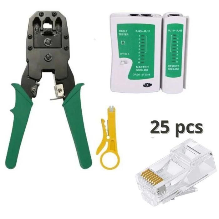 SWPince à sertir Professionnel Câble Réseau LAN Téléphone RJ45 RJ12 RJ11 + Testeur + 25 connecteurs RJ45 Cat6 Cat5
